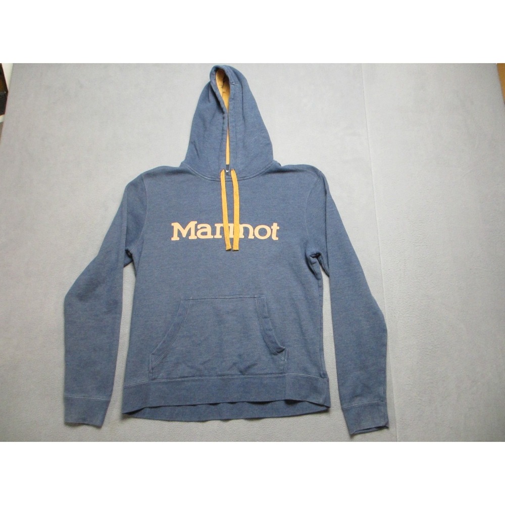Marmot Hoodie Mens Medium Blue Spellout Outdoor Hiking Long Sleeve Pullover